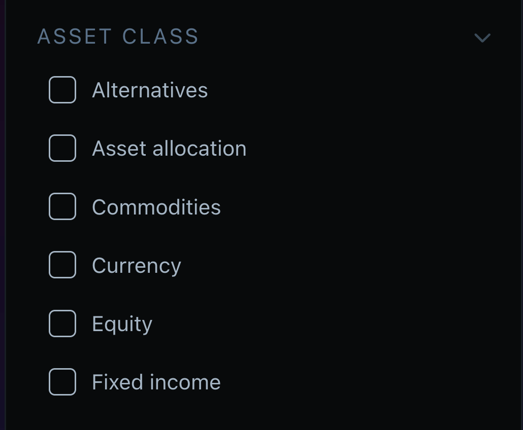 The ETF asset class filter with options for alternatives, asset allocation, commodities, currency, equity and fixed income.
