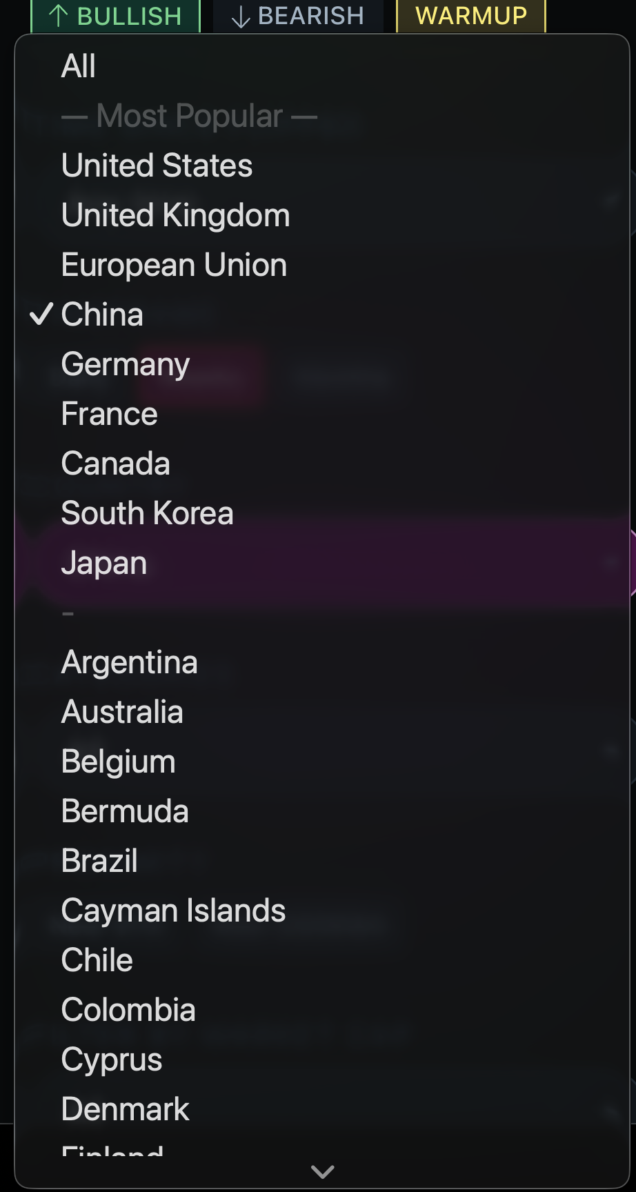 The Money Scanner country filter listing most countries in the world, including the United States, United Kingdom, European Union, China, Germany, France, Canada, South Korea and Japan.