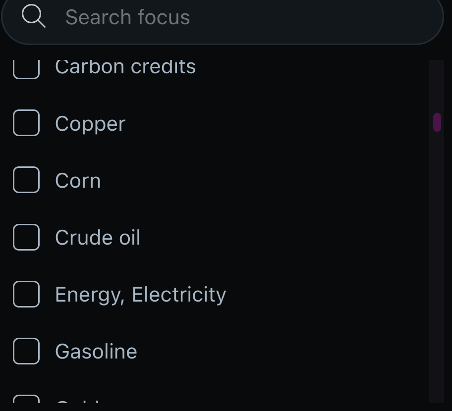 The ETF focus filter with options including carbon credits, copper, corn, crude oil, energy and electricity, and gasoline.